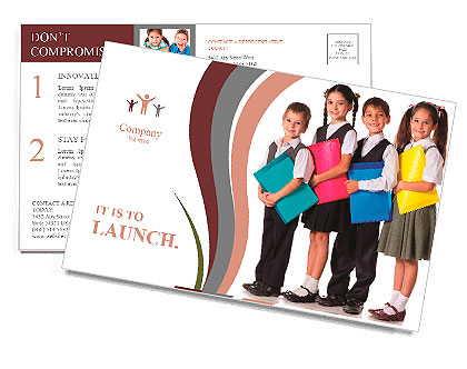 Four smiling schoolchild standing with colorful folders, isolated on white Postcard Template