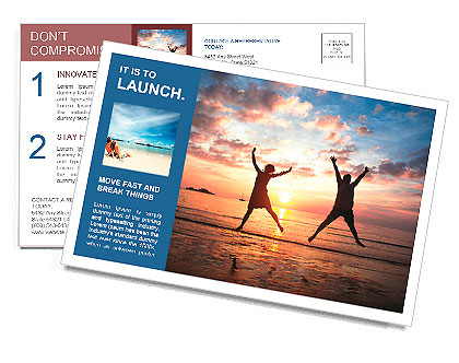 Concept of long-awaited vacation: Young couple in a jump on the sea beach at sunset. Postcard Template